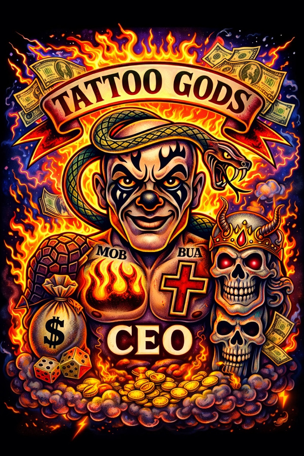 Tattoo Gods logo artwork with flames, gold lettering, a snake, and skulls